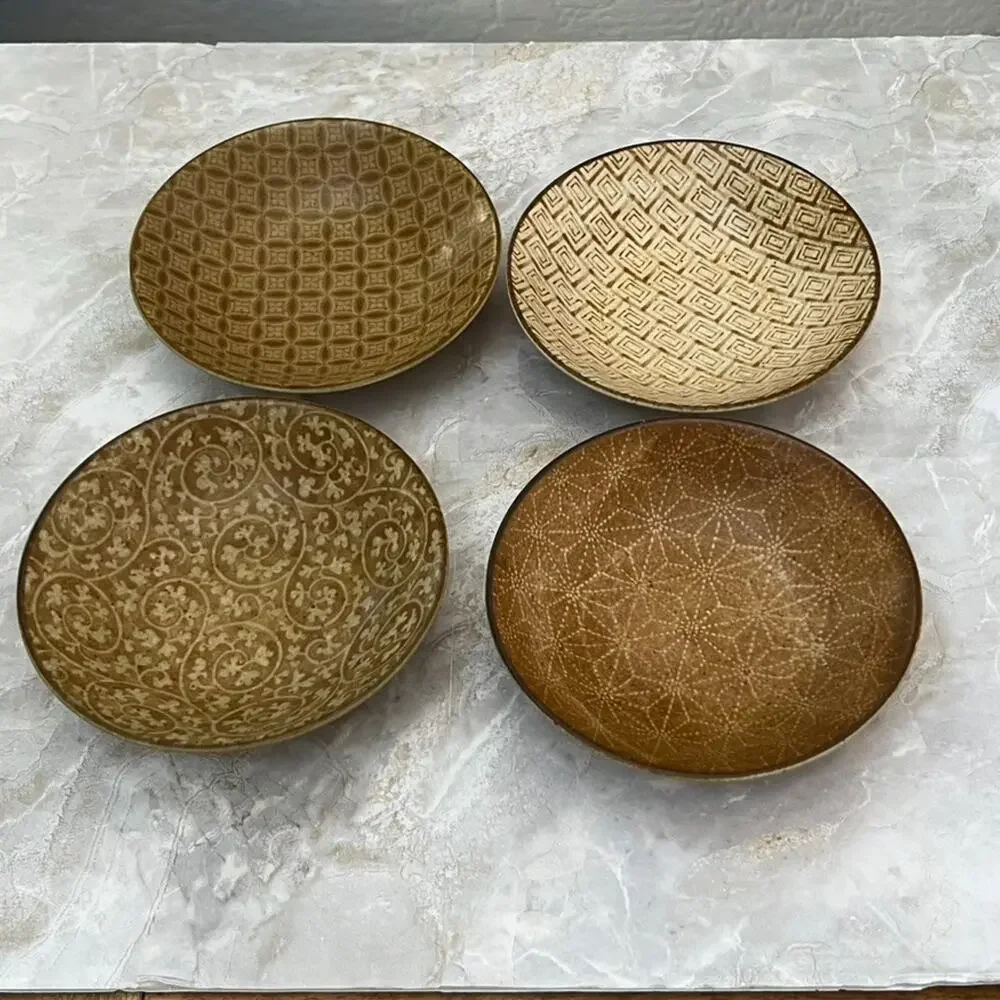 Thai Wax Resist MCM Pottery Shallow Bowls 6.5